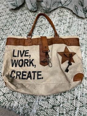 Boho Style Canvas Tote Bag with Leather Trim - "LIVE, WORK, CREATE."